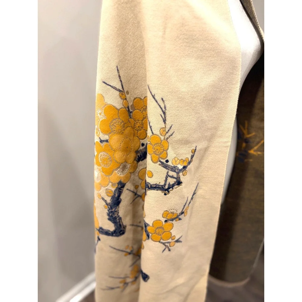 Reversible Floral Cherry Blossom Shawl Scarf Wrap Cream Olive Green Pashmina